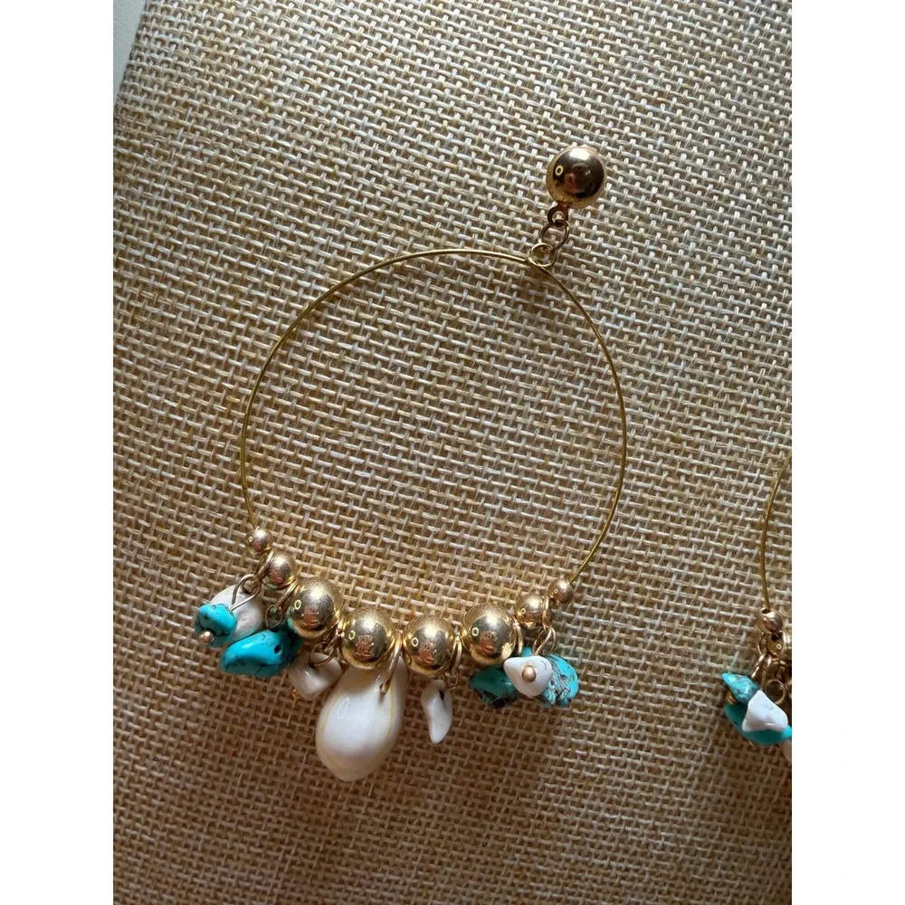 Hoop Earrings Gold Turquoise‎ Shell Bohemian Coastal Beachy Statement